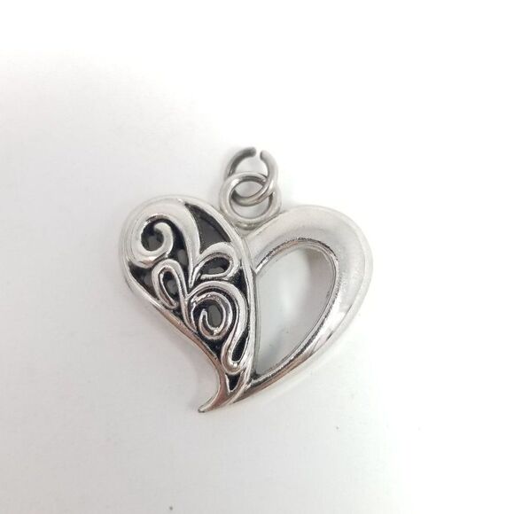 Vintage Heart Pendant Charm, Scroll Open Work Design, Silver Tone, Estate - Picture 2 of 6